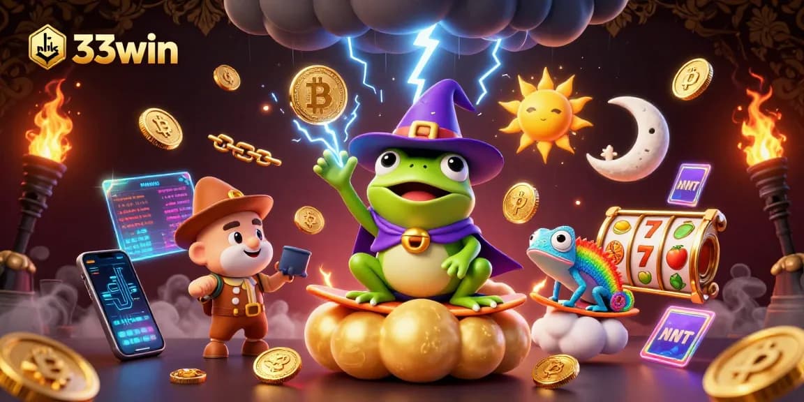 Experience excitement with link 33win as a magical frog generates golden coins alongside crypto elements in a vivid casino scene.