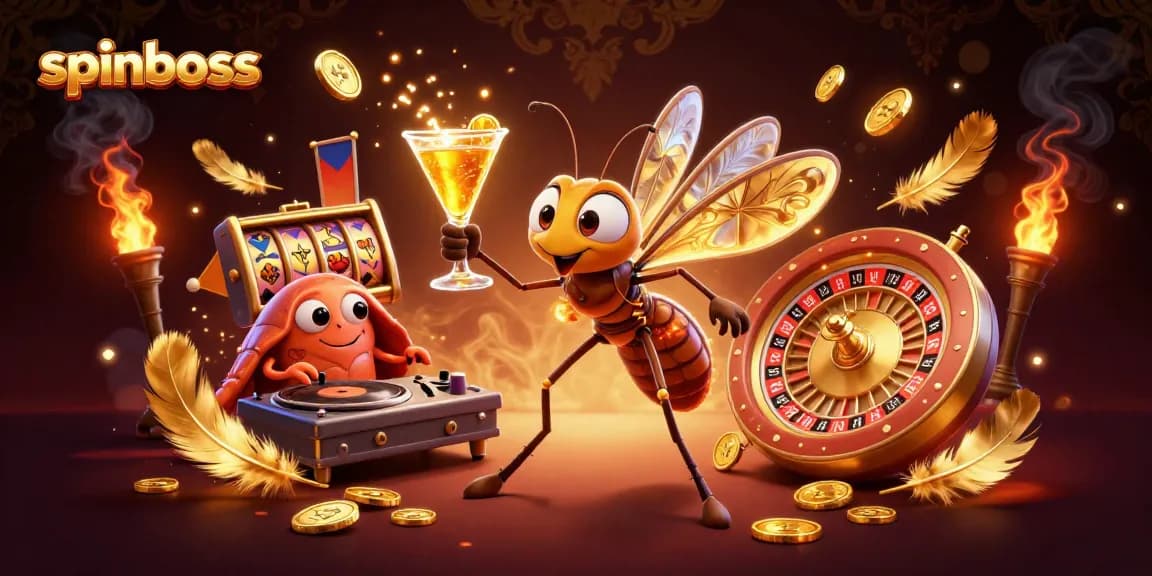 Join spinboss for a thrilling casino experience with golden cocktails and spinning roulette wheels.