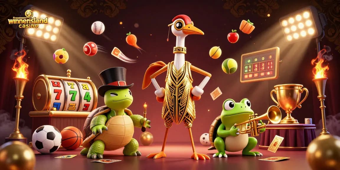 Experience excitement at winnerislandcasino with luck symbols and vibrant game elements combined in a lively illustration.