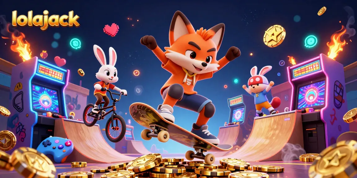 Experience the thrill at lolajack with vibrant casino-themed characters in a dynamic illustration.