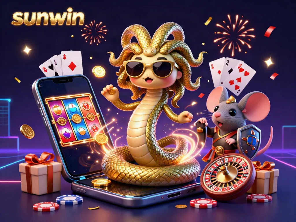 Engage in thrilling games at sunwin with friendly Medusa and a warrior amid spinning slot reels and confetti.