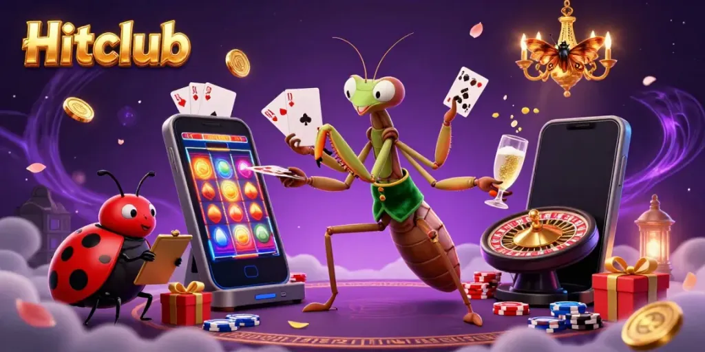 Hitclub features a mantis card sharp in a vibrant casino scene with colorful slot games and coins.