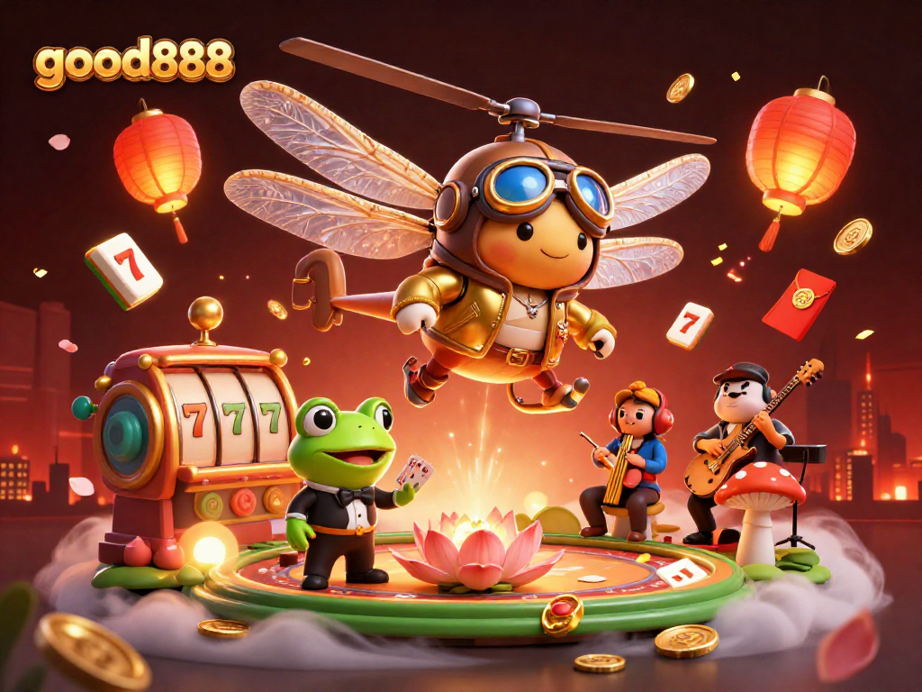 Experience thrills and wins with good888 in a vibrant casino scene featuring unique characters.