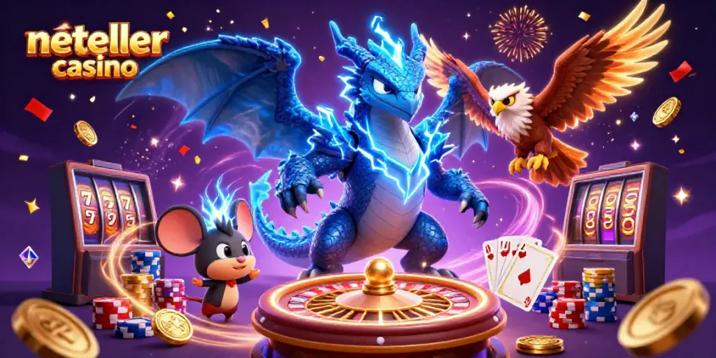 Experience explosive winnings at a Neteller casino with vibrant characters amidst gold coins and shimmering gems.