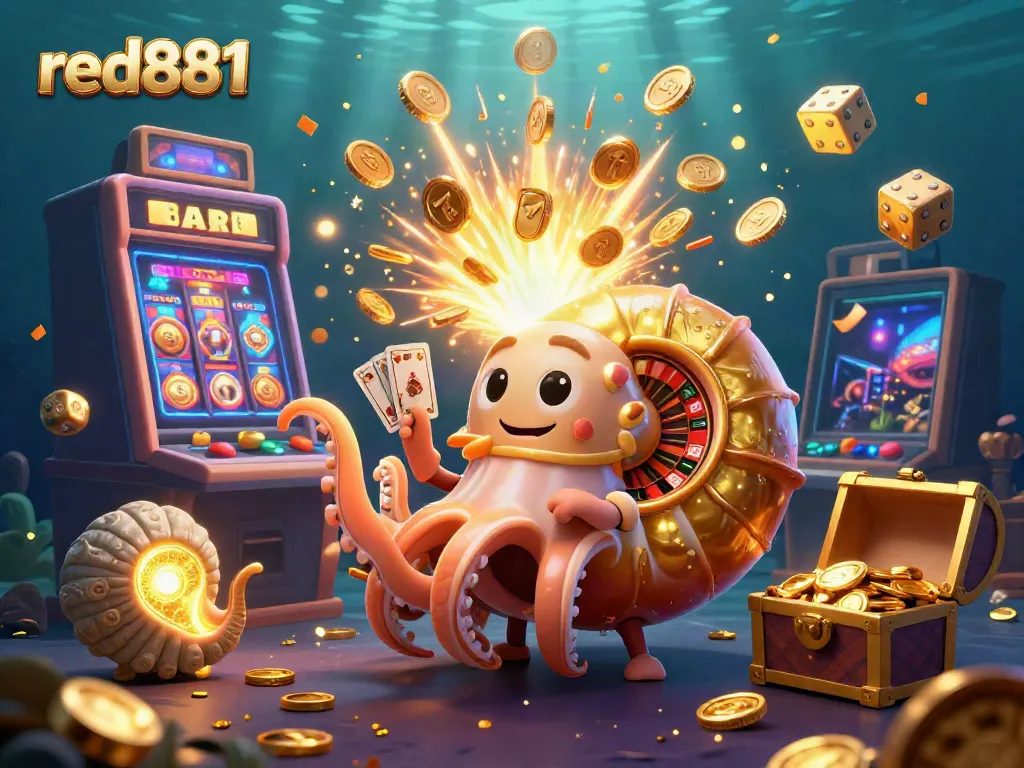 Experience the excitement of red881 with a giant nautilus character surrounded by vibrant casino elements.
