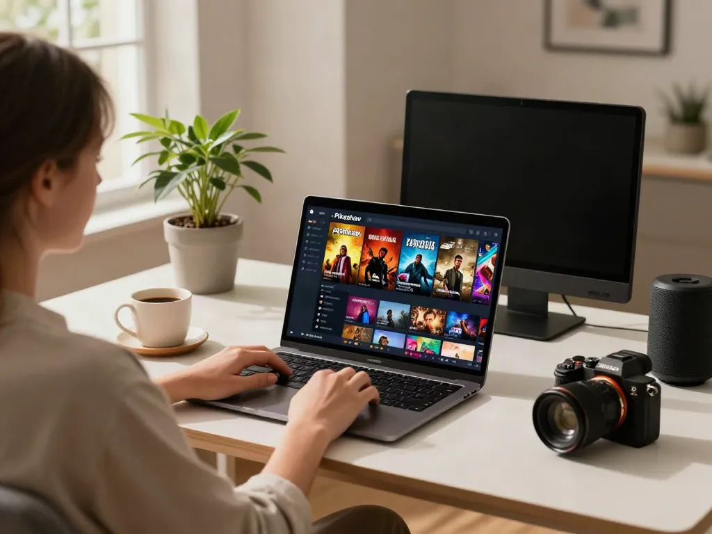 Pikashow PC watch scene with a user streaming movies on a laptop in a cozy workspace.