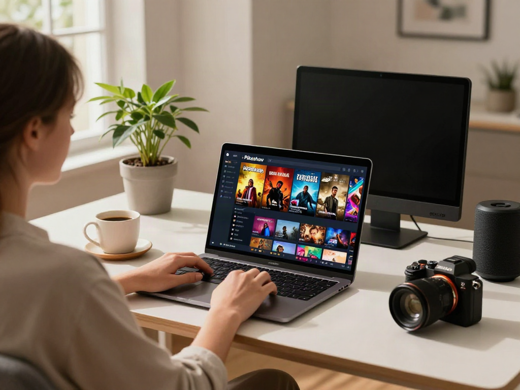 Pikashow PC watch scene with a user streaming movies on a laptop in a cozy workspace.