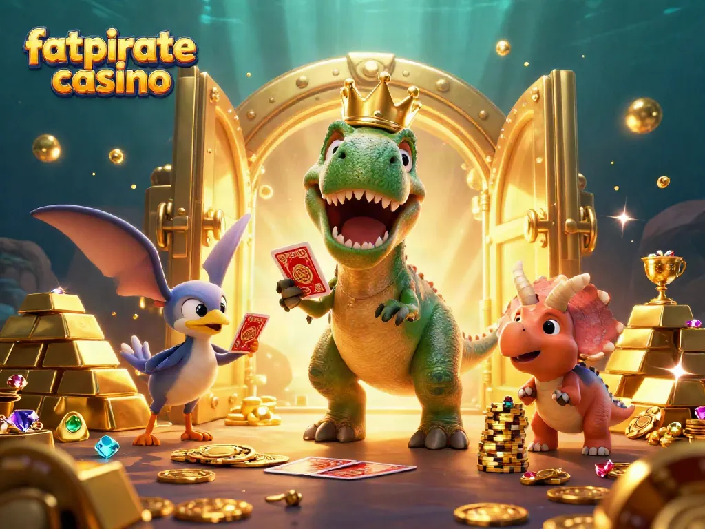 Win at fatpirate casino with a lively scene of characters playing cards and stacking chips.