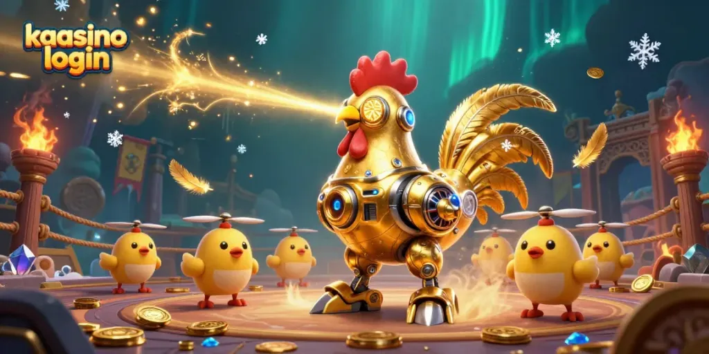 Engage with the exciting kasino login experience through the vibrant 3D illustration of a golden rooster robot.