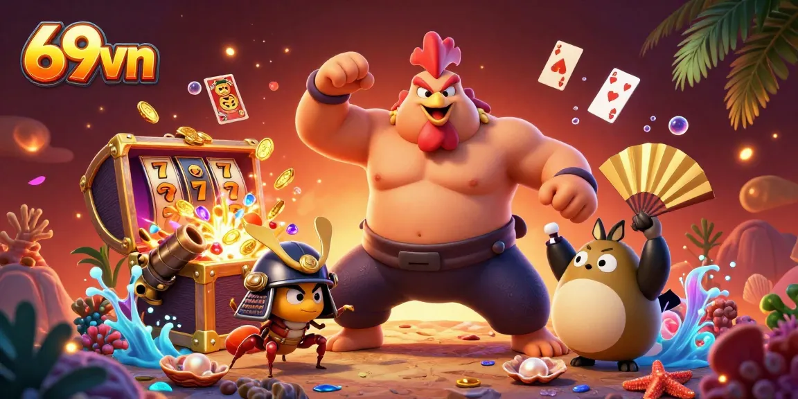 Engage in thrilling gaming action with 69vn's vibrant casino scene featuring sumo rooster and samurai cricket.