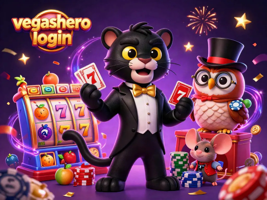 Engage with the casino world through vegashero login featuring lively animated scene with a tuxedoed panther and an owl.
