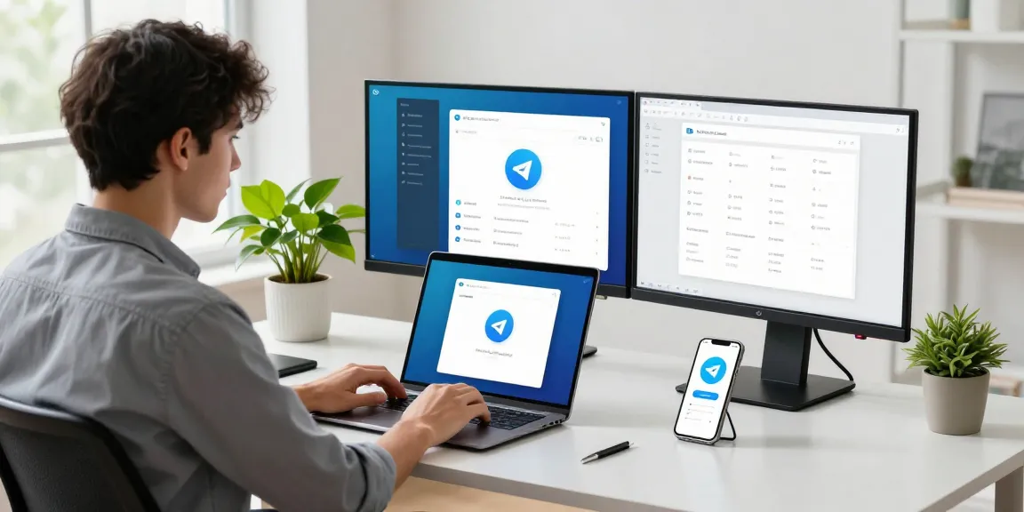 Download Telegram app displayed on a laptop in a modern workspace with dual monitors showcasing its features.