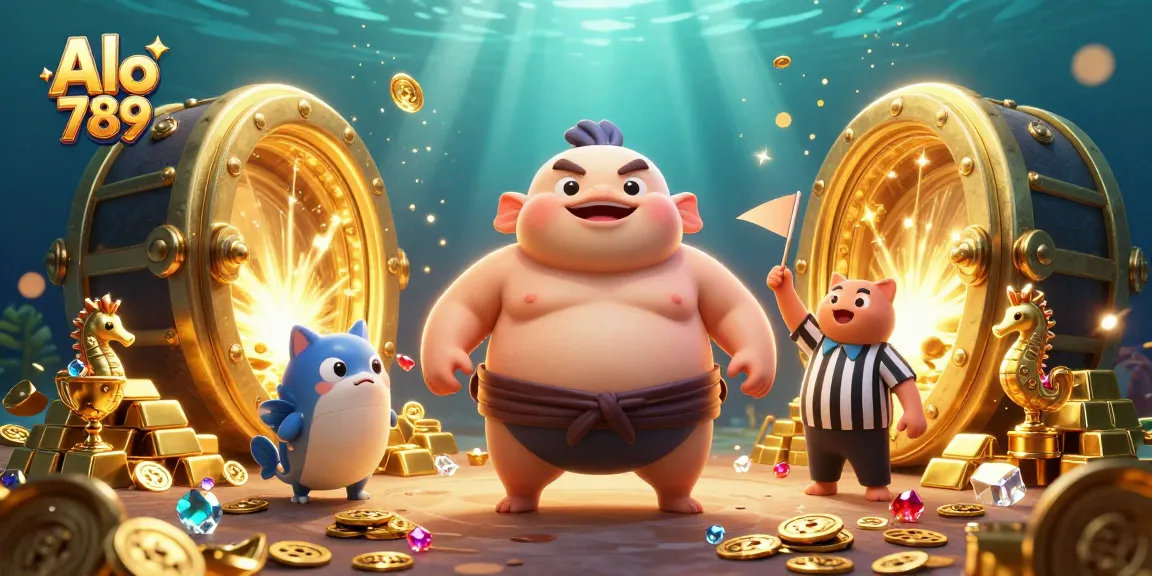 Alo 789 showcases a lively underwater gambling scene featuring a fugu in a mawashi belt at an arena.