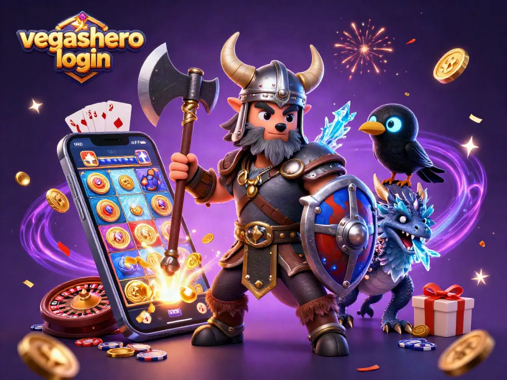 Join the excitement with VegasHero login featuring a Viking wolf, dragon, and vibrant casino elements.