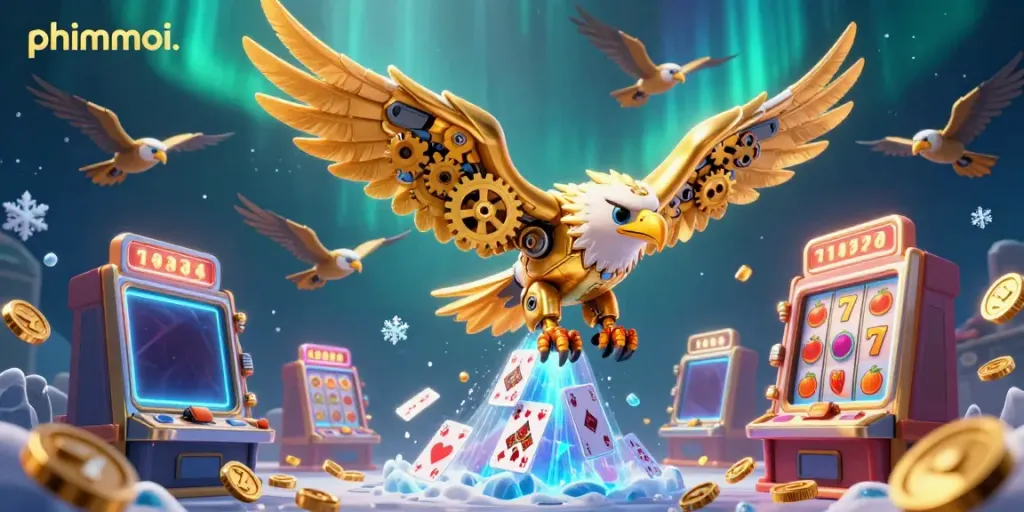 Experience the thrill of phimmoi . with a captivating 3D illustration of a cybernetic eagle diving through holographic playing cards and slot machines.