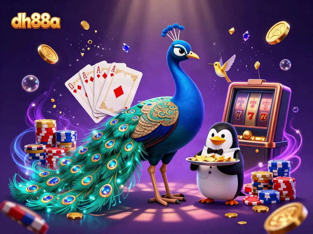 Experience the vibrant excitement of dh88a casino with an enchanting peacock and golden gaming elements.