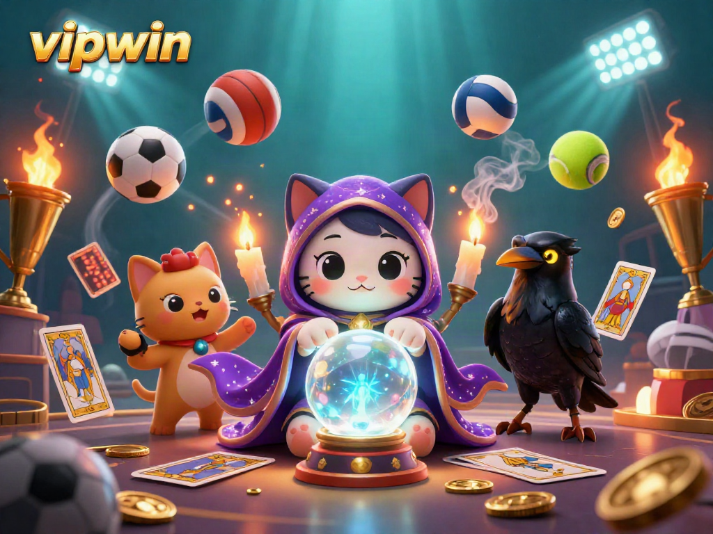 Experience vipwin's enchanting games with a mystical fortune teller cat and dynamic sports betting elements.