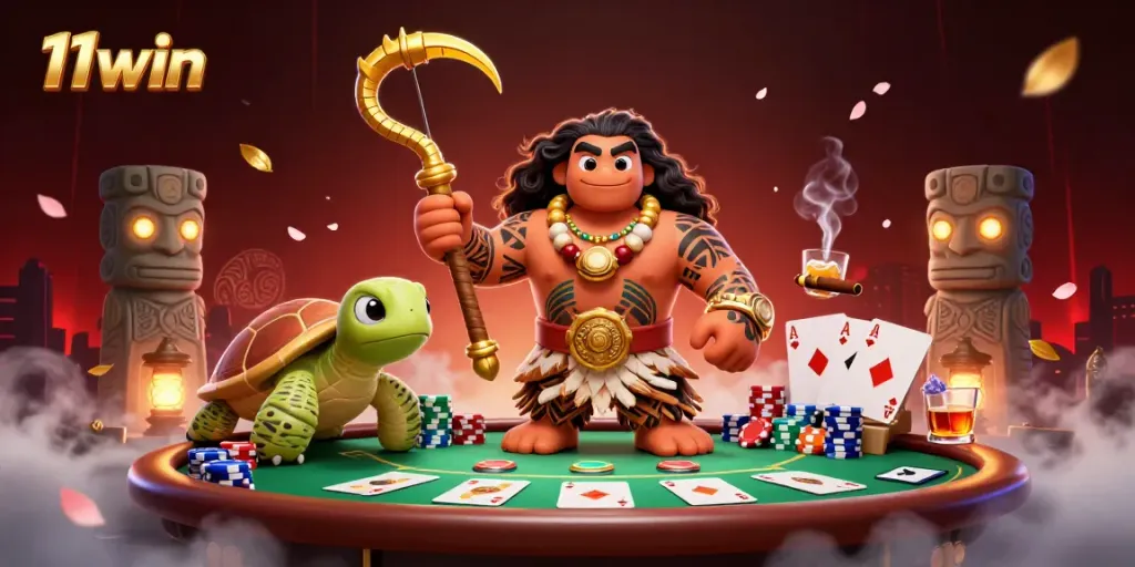Experience the engaging 11win casino action with vibrant characters and dynamic poker elements in a stunning illustration.