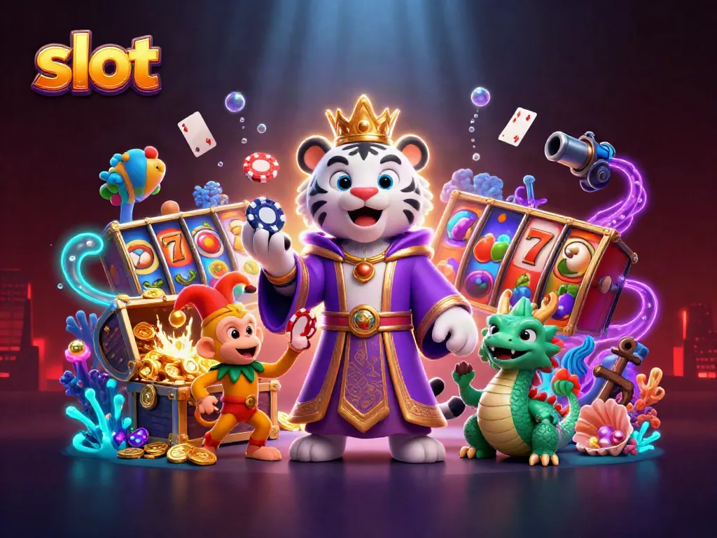 Experience the excitement of slot gaming with vibrant visuals of slot reels, 3D characters, and treasure.
