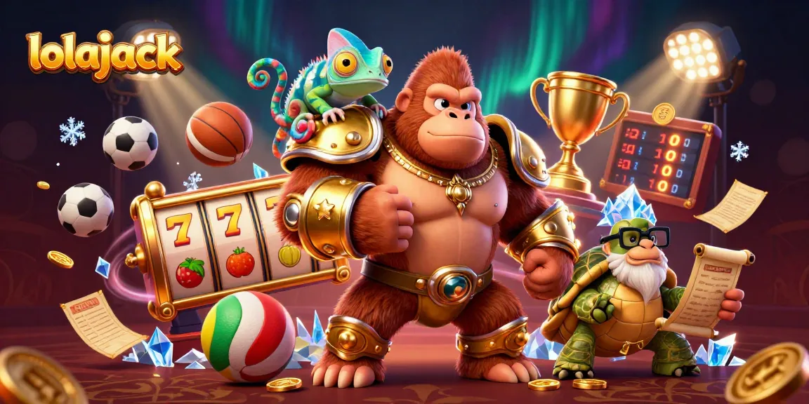 Lolajack's vibrant casino action featuring a gorilla king, chameleon, and tortoise amidst dynamic slot reels and casino elements.